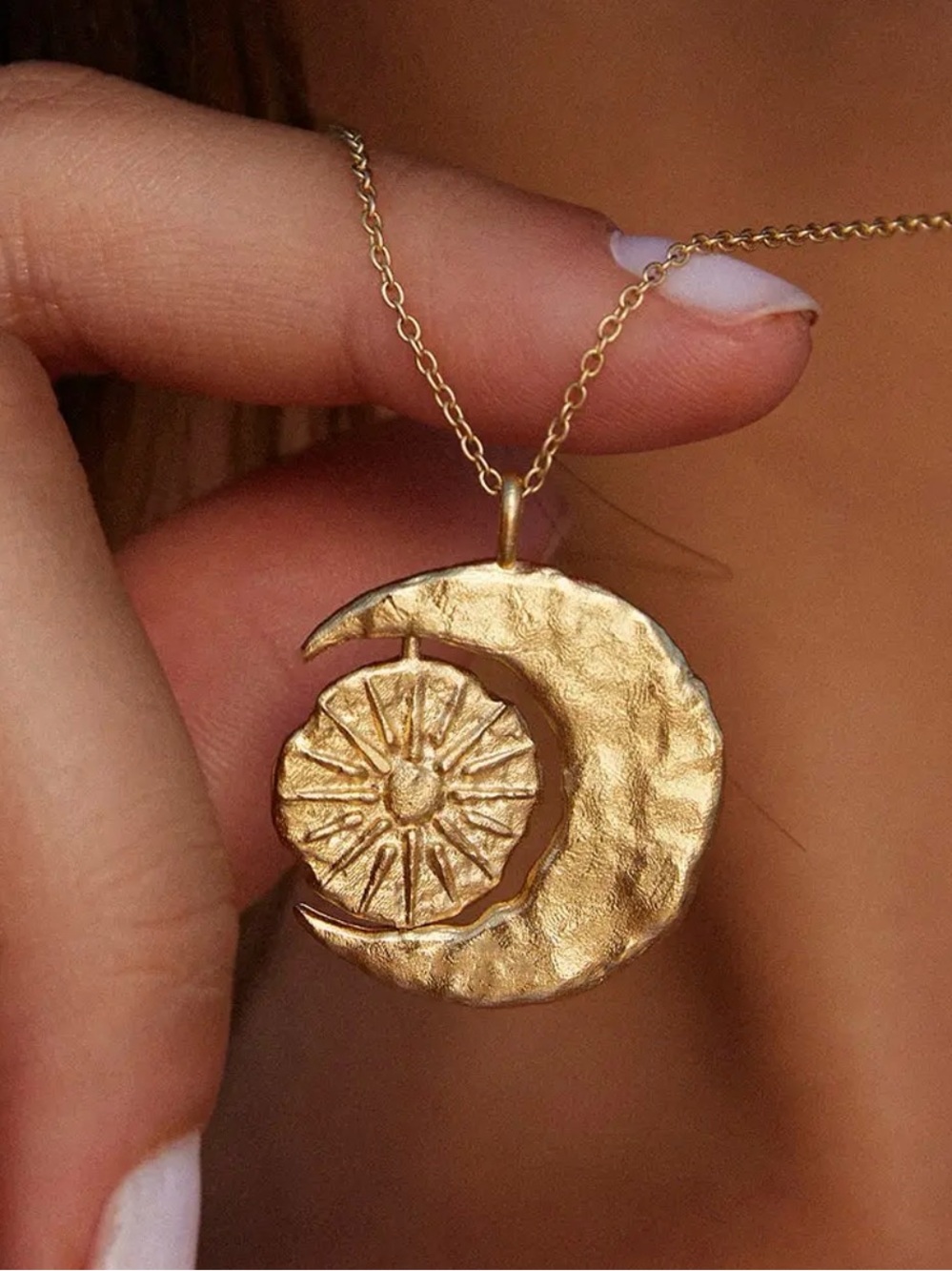 Phébé Necklace | Jewelry Gold Crescent Moon Rotating Sun | Made in Paris France